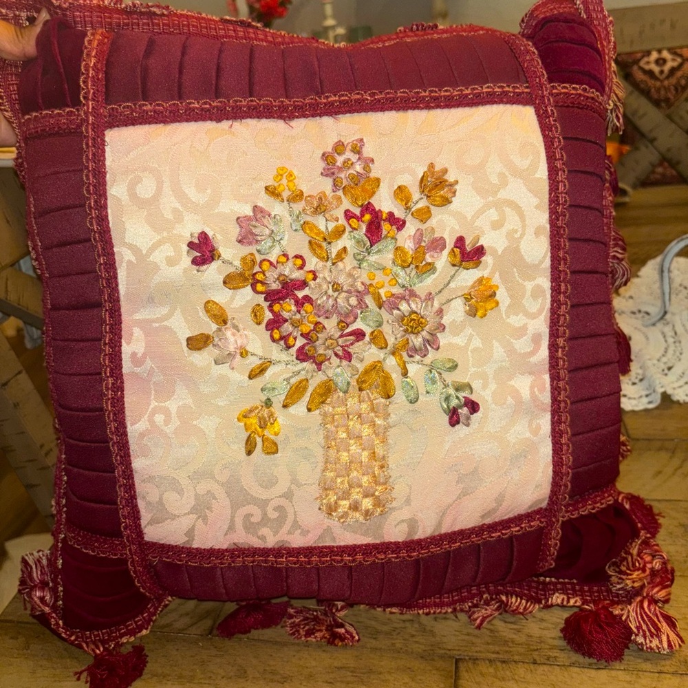 Vintage Embroidered Floral Burgundy Pillow